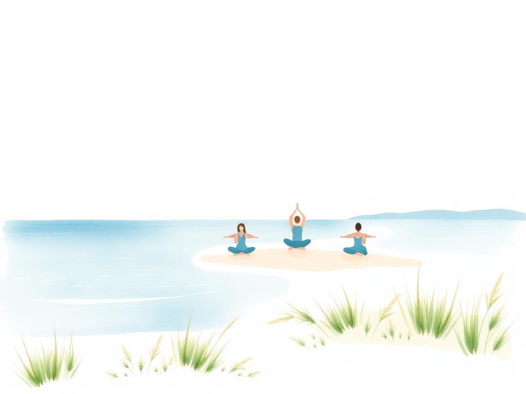 Watercolor of a small group practicing yoga by calm water - representing group therapy and wellness
